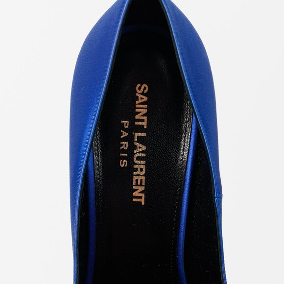 Saint Laurent Tower 110 Bleu Silk Satin Strass-Embellished Pointed-Toe Pumps - Picture 10 of 12